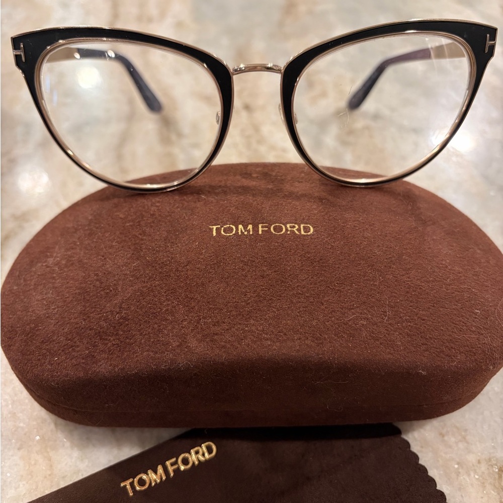 Tom Ford Women's Glasses in Black with Gold Detail and matching case and cloth